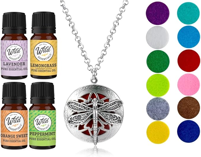Wild Essentials Dragonfly Necklace Essential Oil Diffuser Kit with Lavender, Lemongrass, Peppermint, Orange Oils, 12 Refill Pads, Calming Aromatherapy Gift Set, Customizable Color Changing, Perfume