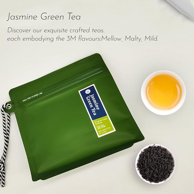 RIANTEA Jasmine Green Tea Bags - 32 Individually Wrapped Teabags (2.25oz/62g) - Low Caffeine, Smooth Flavor - Hot or Iced Tea - Original Leafy Tea