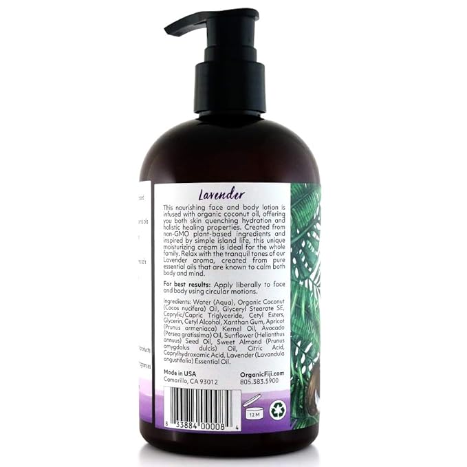 Coco Fiji Face & Body Lotion Infused With Coconut Oil | Lotion for Dry Skin | Moisturizer Face Cream & Massage Lotion for Women & Men |Lavender 12 ozPack of 3