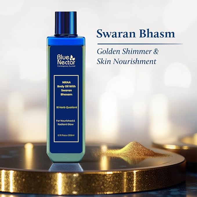 Blue Nectar Body Oil with Swaran Bhasam for Glowing Skin | Ayurvedic Body Oil for Dry Skin | Nourishing Oil with Gold & Shimmer (16 Herbs, 6.76 Fl Oz)