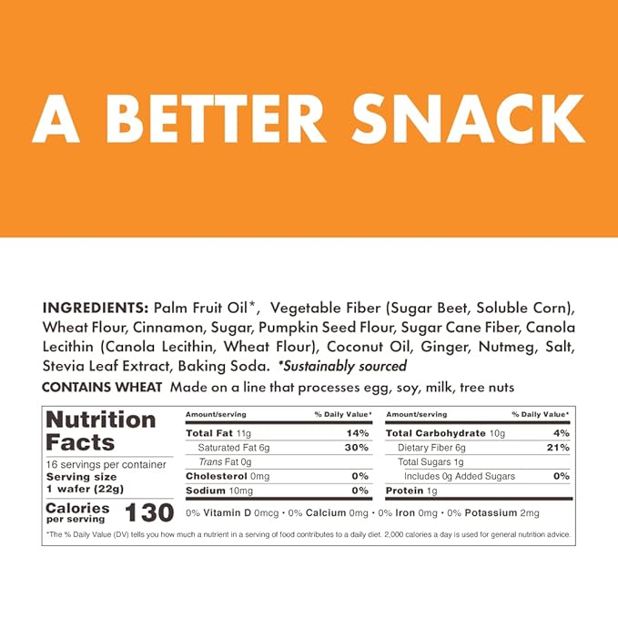 Rip Van Pumpkin Spice Keto Wafer Cookies, Healthy Vegan Snack, Non-GMO, Low Carb, Low Sugar (1g), Low Calorie, 16 Count
