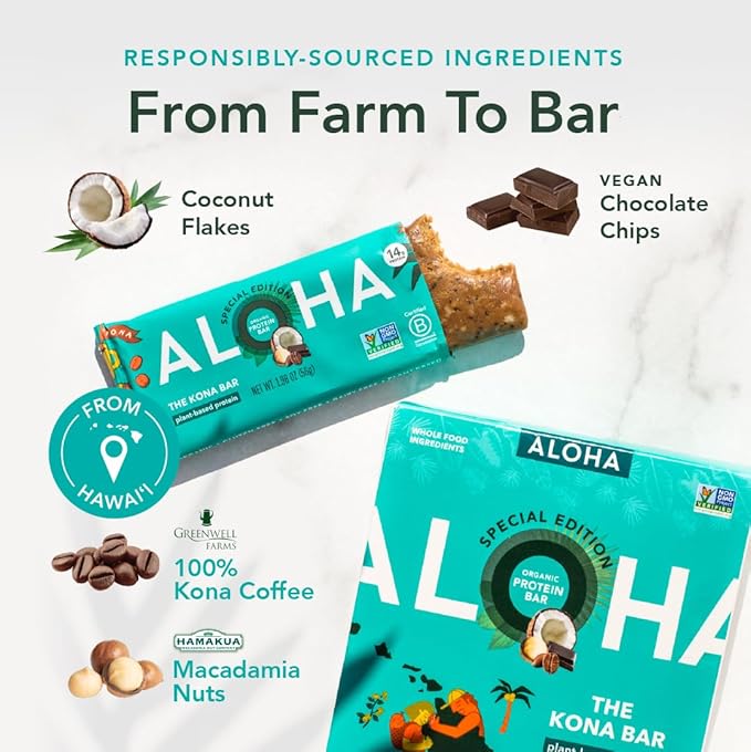 ALOHA Organic Plant Based Protein Bars | The Kona Bar - Special Edition | 6 Count, 1.98oz Bars | Vegan, Low Sugar, Gluten Free, Paleo, Low Carb, Non-GMO, Stevia Free, Soy Free, No Erythritol