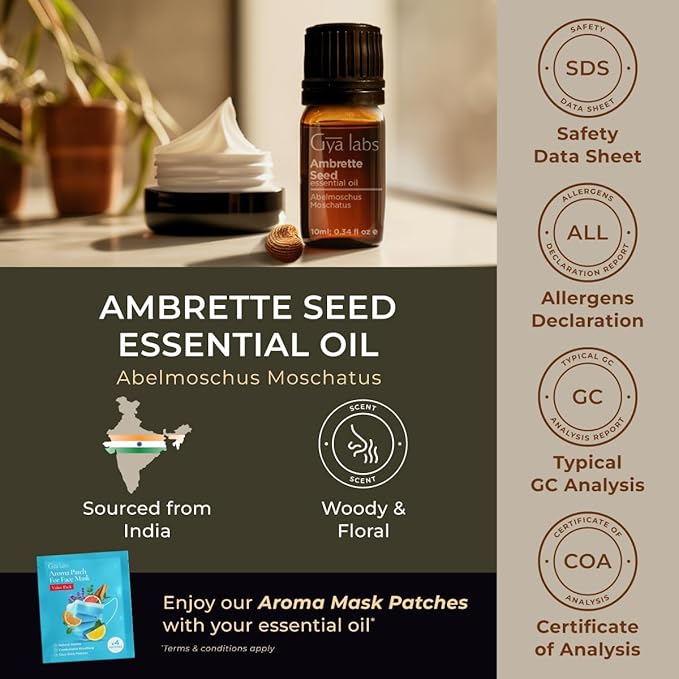 Gya Labs Ambrette Seed Essential Oil - 0.34 Fl Oz - for Hair, Skin, Diffuser, Aromatherapy & DIY Candle Making Scent