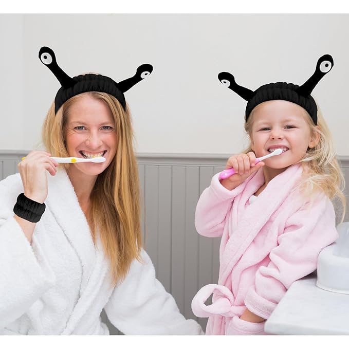 VELSCRUN Spa Headband, Makeup Face Wash Skincare Headbands, 5 Pcs Sponge Get Ready Snail Hairband Facial Wristband Hair Clip Set, Stuff for Teen Girls Women Trendy Hair Accessories Black