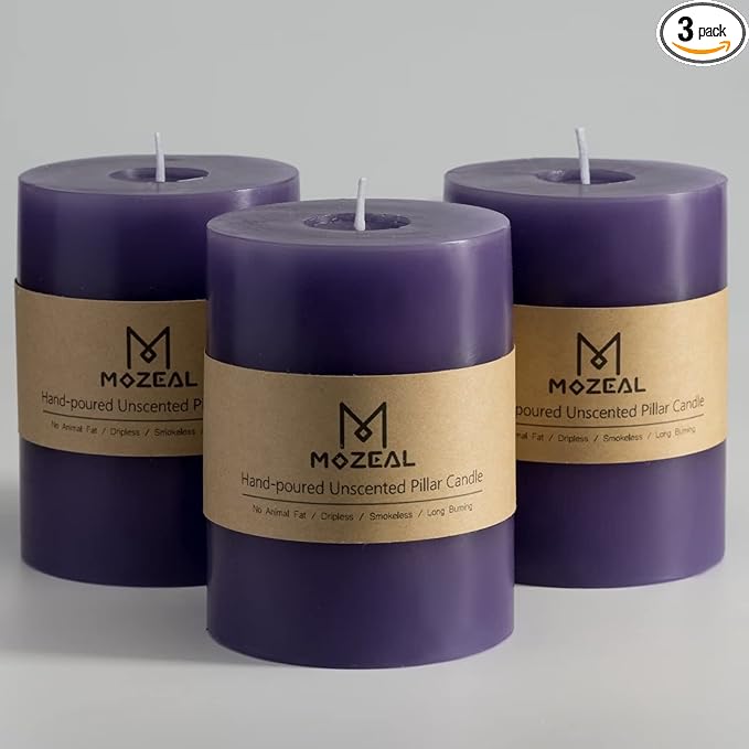 MOZEAL 3" x 4" Hand-Poured Unscented Candle,Dripless Pillar Candle Set of 3,Long Clean Burning,Approx 72 Hours Burn Time,Rustic Country Style,Wedding,Dinner,Christmas and Home Decor,Purple
