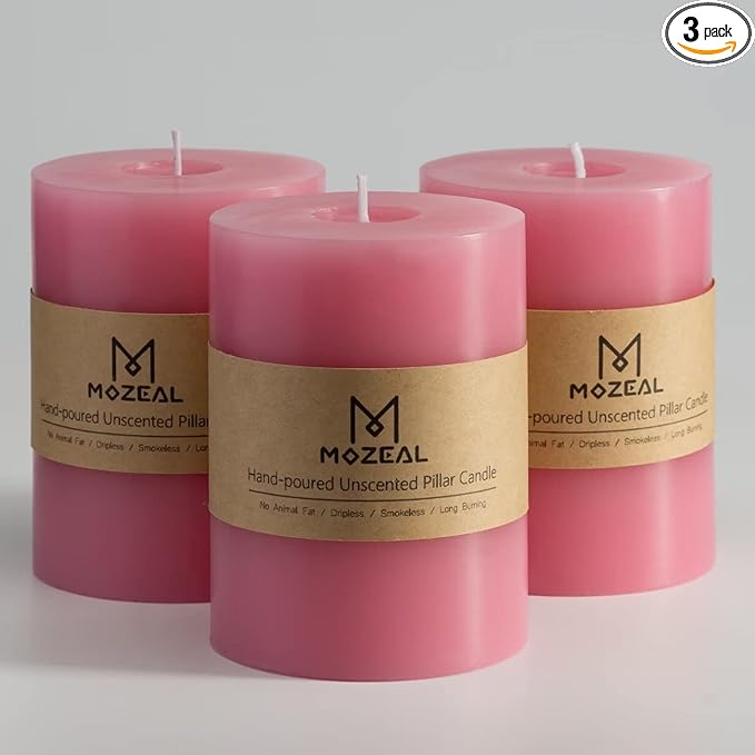 MOZEAL 3" x 4" Hand-Poured Unscented Candle,Dripless Pillar Candle Set of 3,Long Clean Burning,Approx 72 Hours Burn Time,Rustic Country Style,Wedding,Dinner,Christmas and Home Decor,Pink