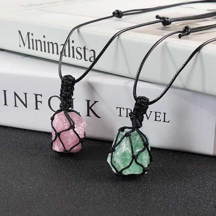 Handmade Natural Gemstone Crystal Pendant Necklace Stone Holder Necklace Cord Net Necklace with Adjustable Length for Women Men