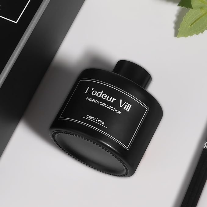 L'odeur Vill Reed Diffuser, 3.4oz(100ml) Clean Linen Reed Diffuser Set with 6 Oil Diffuser Sticks, Matte Black Aroma Scent Diffuser, Long Lasting Home Fragrance for Bathroom Shelf Decor