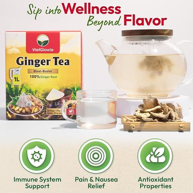 VietGlowie 30 Ginger Pyramid Tea Bags, 3.5g/bag to 33oz, Ginger Root Herbal Tea, Warm & Spicy, Support Digestion, Boost Immunity, 100% Natural, No Caffeine, Corn-Based Tea Bags