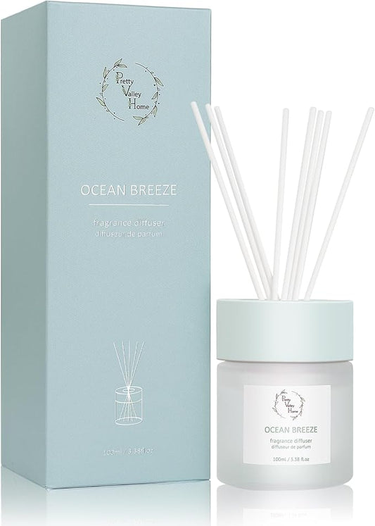 Reed Diffuser Set, Pretty Valley Home Diffuser 100Ml / 3.38fl OZ Gift Box - Includes Reed Diffuser Sticks, Fragrance Oil, and Glass Bottle for Bathroom Office Living Room Decor (Ocean Breeze)