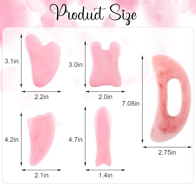 Treela 5 Pcs Gua Sha Facial Tools Set and 1 Pcs Body Gua Sha Massage Tool with Handle for Face Back Neck Leg Body Scraping Massage Board Guasha Comb(Jade, Resin,Pink)