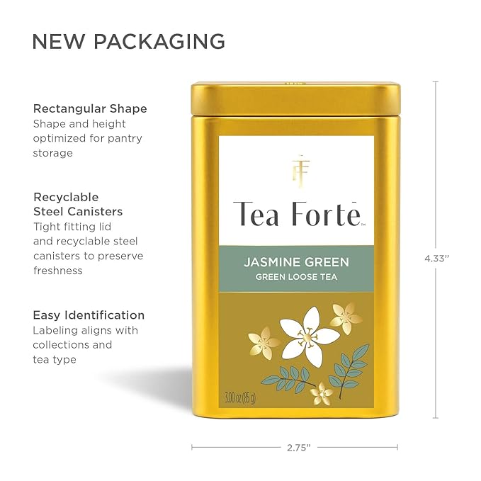 Tea Forte Jasmine Green Premium Loose Leaf Caffeinated Green Tea Blend Canister, Makes 35-50 Cups