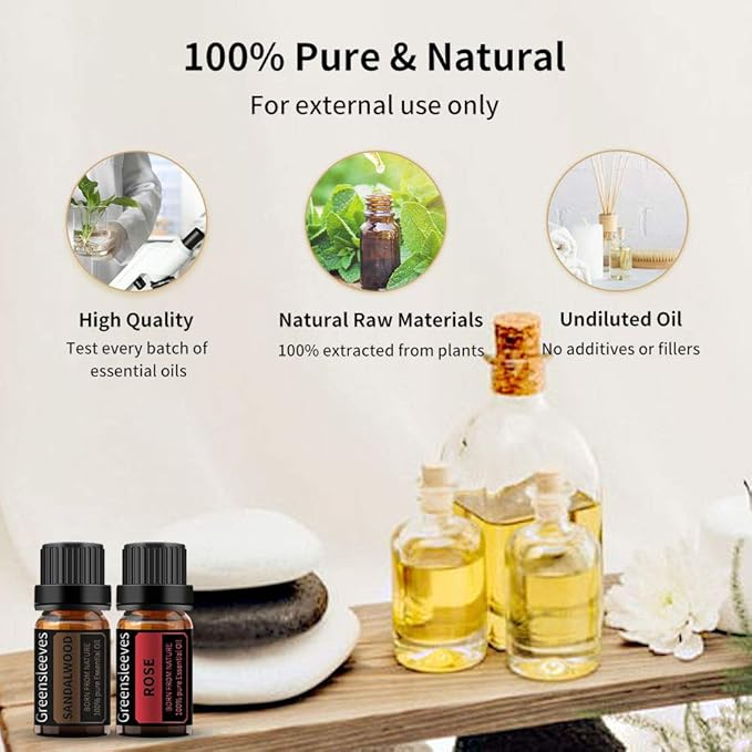 GREENSLEEVES Rose Sandalwood Essential Oil Set, 2 x 10ml Pure Plant-Based Fragrance Oil for Aromatherapy, Essential Oils for Diffuser, Massage, Bath Bomb, Scented Candle Soap Making