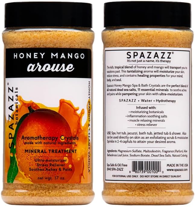 Spazazz Hot Tub Aromatherapy Bath Salt Crystals 3-Pack Bundle - Eucalyptus Mint Stimulate - Tropical Rain Revitalize - Honey Mango Arouse - Botanicals Collection Scents for Relaxing in Spas (17 oz)
