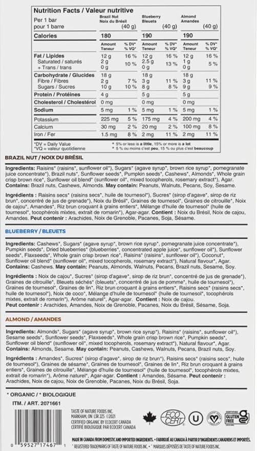 Taste of Nature Organic Snack Bars - Variety Pack - Healthy, Gluten Free, Non GMO, Vegan Snack Bars with Mixed Nuts, Fruits and Seeds - 18 Snack Pack x 40g Each Bar