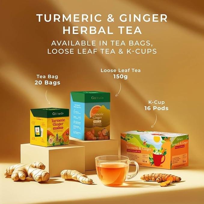 Gya Tea Co Turmeric Ginger Tea Bags (20 Bags) - Decaf Ginger Turmeric Tea For Body Comfort & Digestion Health - Fruit & Herbal Blends