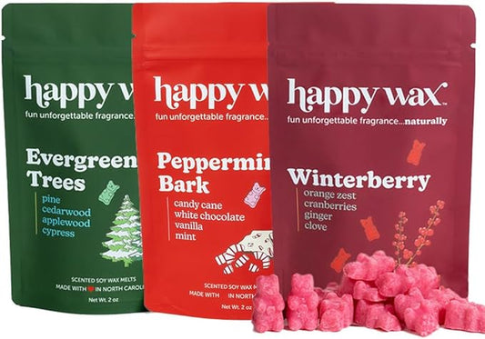 Happy Wax Christmas Mix Scented Natural, Non Toxic Soy Wax Melts; 6 Total Oz. of Holiday Scented Wax Melts, Collection Includes Winterberry, Evergreen Trees and Peppermint Bark