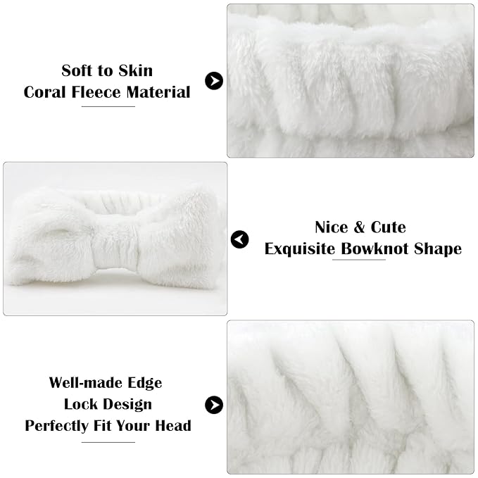 Ondder Spa Headband for Washing Face 8 Pack White Skincare Headbands for Women Girls Terry Cloth Cute Bow Head Bands for Makeup