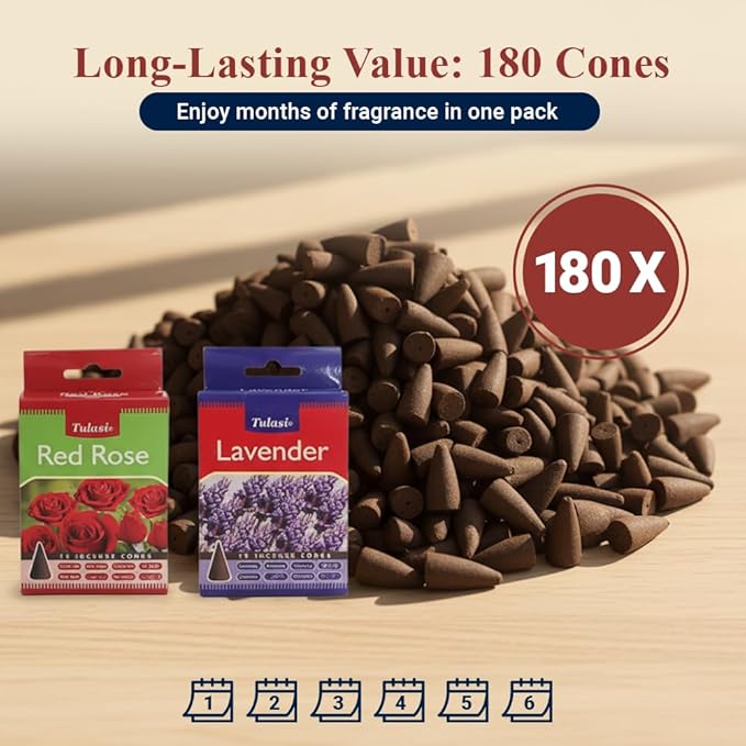 Tulasi Classic Incense Cones with Natural Oils Scents, Set of 12 Fragrances (180 Cones) Calming Home Aromatherapy, Meditation, Relaxing, Mixed Scents with Natural Oils, Thanks Giving