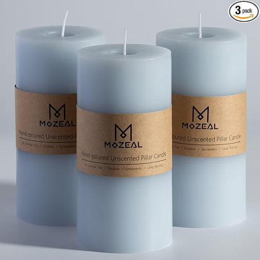 MOZEAL 3" x 6" Hand-Poured Unscented Candle, Dripless Pillar Candle Set of 3, Long Lasting Burning, Approx 120 Hours Burn Time, Rustic Country Style, for Baby Showers, Spring Freshness, Baby Blue