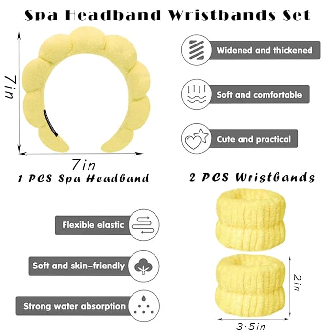 Spa Headbands for Washing Face Wristband Set Sponge Makeup Skincare Headband Wrist Towels Bubble Soft Terry Towel Cloth Hairband for Women Puffy Headwear Non Slip Thick Thin Hair Headwear (Yellow)