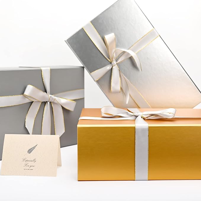LIFELUM Gold Gift Boxes with Lids,1 Pack 13.85 x 8.35 x 4.45 inch Gift Box with Ribbon, Card, Shredded Paper Filler Gift Box for Valentine's day,Christmas,Birthdays, Bridal Gifts,Weddings