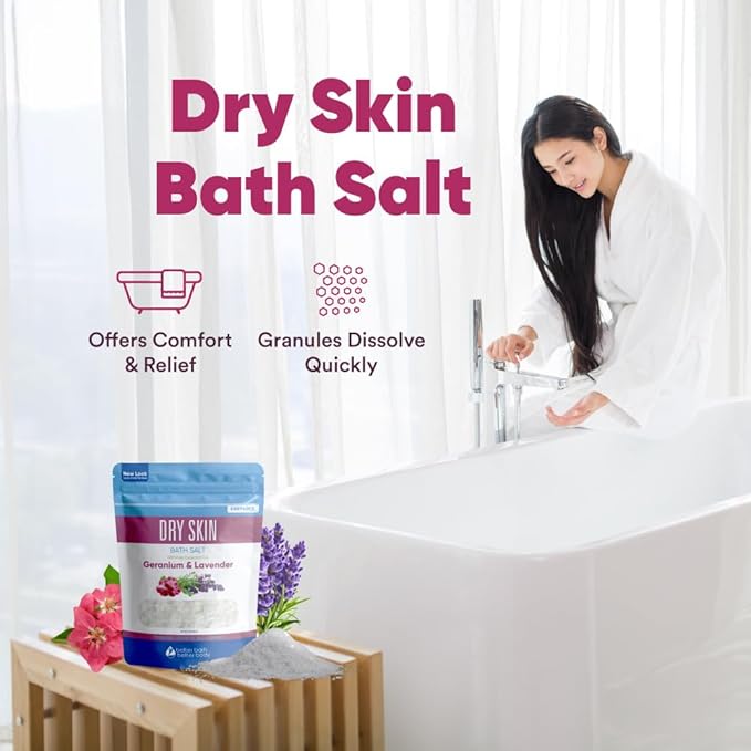 Dry Skin Bath Salt 32 Ounces (2 Lbs) Epsom Salt with Natural Geranium and Lavender Essential Oils Plus Vitamin C in BPA Free Pouch with Easy Press Lock Seal Made in USA