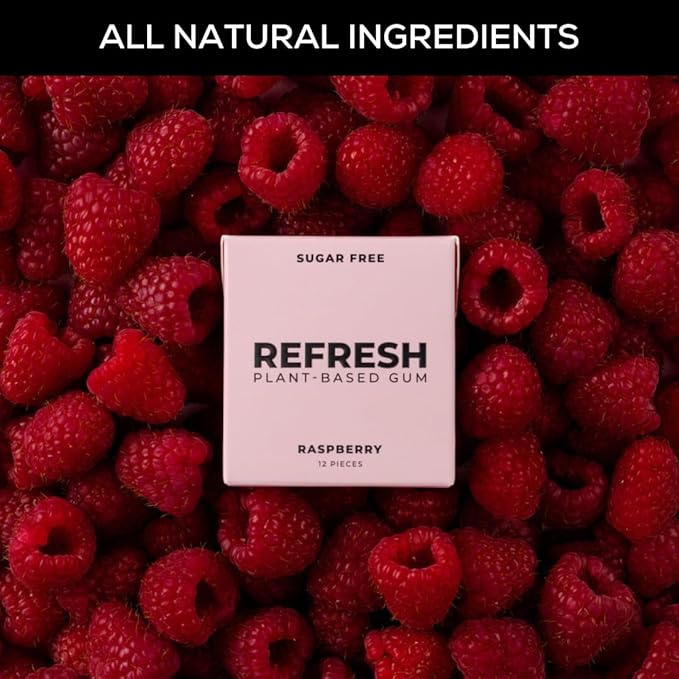 Refresh Gum, Xylitol, Natural, Sugar Free, Plastic Free, Natural Flavors & Organic Ingredients, Plant-Based, Low Calorie, Non GMO, Gluten Free, Vegan, Raspberry Flavor, 12 Pcs, 12 Pack