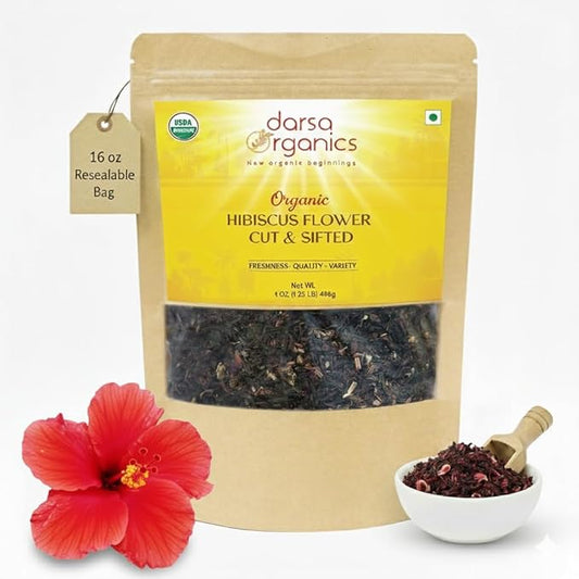 Darsa Organics Hibiscus Flowers Cut & Sifted 16 oz - USDA Organic Flor de Jamaica, Dried Hibiscus Flower for Hibiscus Tea, Cooking & Beverages, Vegan, Non-GMO, Kosher Certified