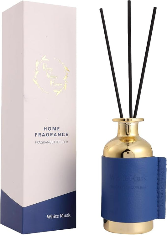 Reed Diffuser Set, Pretty Valley Home Diffuser 80Ml / 2.7 fl OZ Gift Box - Includes Reed Diffuser Sticks, Long Lasting Fragrance Oil and Glass Bottle for Office Living Room Decor (White Musk)