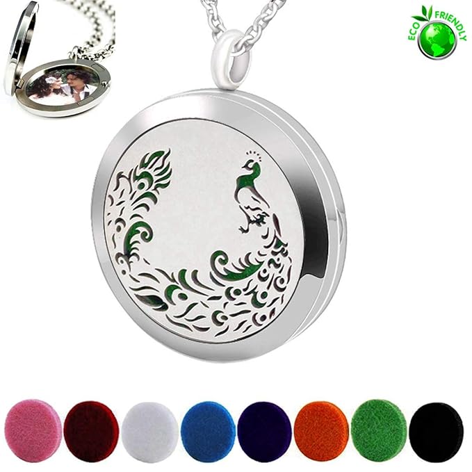 Aromatherapy Essential Oil Diffuser Necklace - Stainless Steel Locket Peacock Pendant with 24" Chain 8 Colors Pads for Mother Christmas Birthday Father's Day Women Men