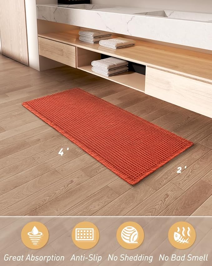 AMOAMI Upgraded Waffle Runner Rug Super Absorbent Non Slip Bath Mats for Bathroom Machine Washable Bathroom Runner Rug with Tassels, Ideal for Hallway Bedroom Laundry Room, 2' x 4', Orange