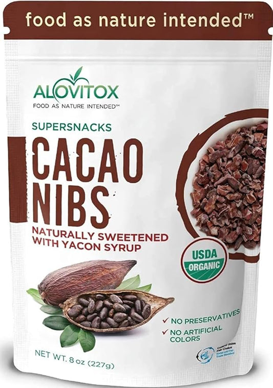 Alovitox Cacao Nibs With Organic Yacon Syrup | Healthy Protein Bite Snack (Raw, Non-GMO, Sugar Free, Keto, Paleo, Gluten Free & Vegan) | Antioxidant With Criollo Chocolate Extracts | 8 Oz