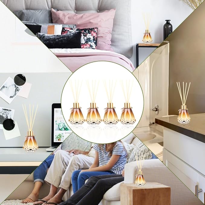 4pcs Reed Diffuser Empty Bottles With 20pcs Sticks, Delicate Gold Leaf Decor, Glass Fragrance Set With Lids for Home, Bathroom | Refillable, Diamond Style Gold