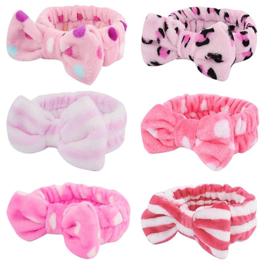 WHAVEL 6 Pack Pink Spa Headbands, Makeup Headbands Skincare Headbands Microfiber Bow Headbands Leopard Stripe Polka Facial Headband Soft Elastic Hair Band Headband for Washing Face
