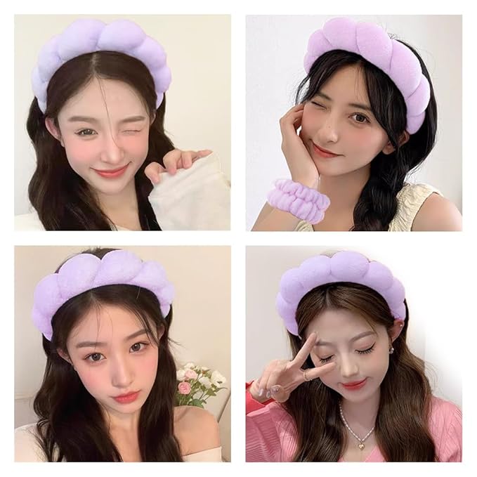 Spa Headbands for Washing Face Wristband Set Sponge Makeup Skincare Headband Wrist Towels Bubble Soft Terry Towel Cloth Hairband for Women Puffy Headwear Non Slip Thick Thin Hair Headwear (Lilac)
