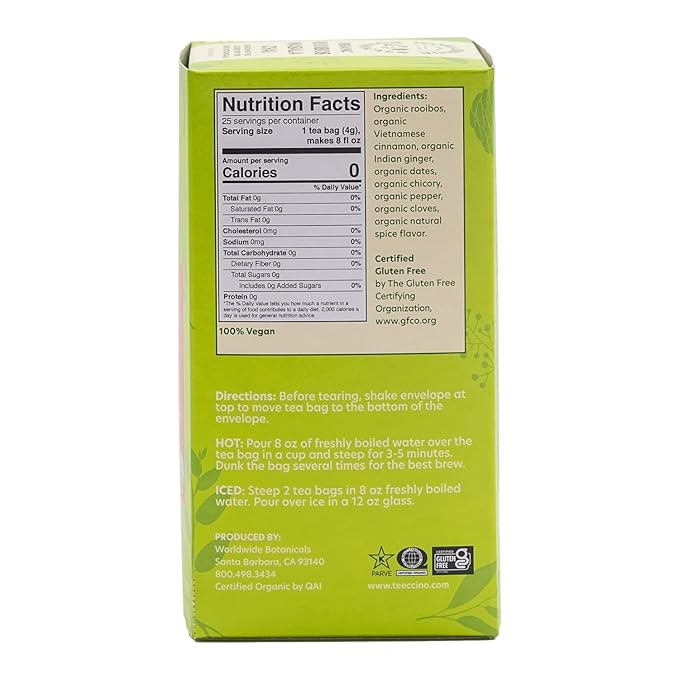 Worldwide Botanicals Rooibos Masala Chai Herbal Tea, 25 Tea Bags - Organic, Caffeine Free, Kosher, 50% More Herbs