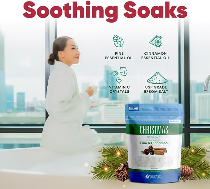 Christmas Bath Salt 32 Ounces Epsom Salt with Natural Pine, Cinnamon, Peppermint, Clove and Orange Essential Oils Plus Vitamin C in BPA Free Pouch with Easy Press-Lock Seal