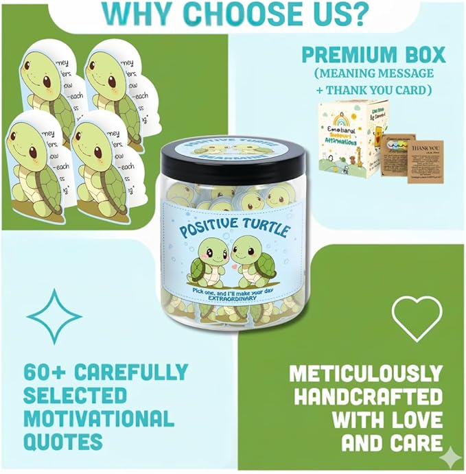 60 Positive Turtle Cards Jar, Affirmation Cards for Women, Emotional Support Turtle, Sea Turtle Gift, Turtle Gifts for Women, Turtle Gifts for Turtle Lovers