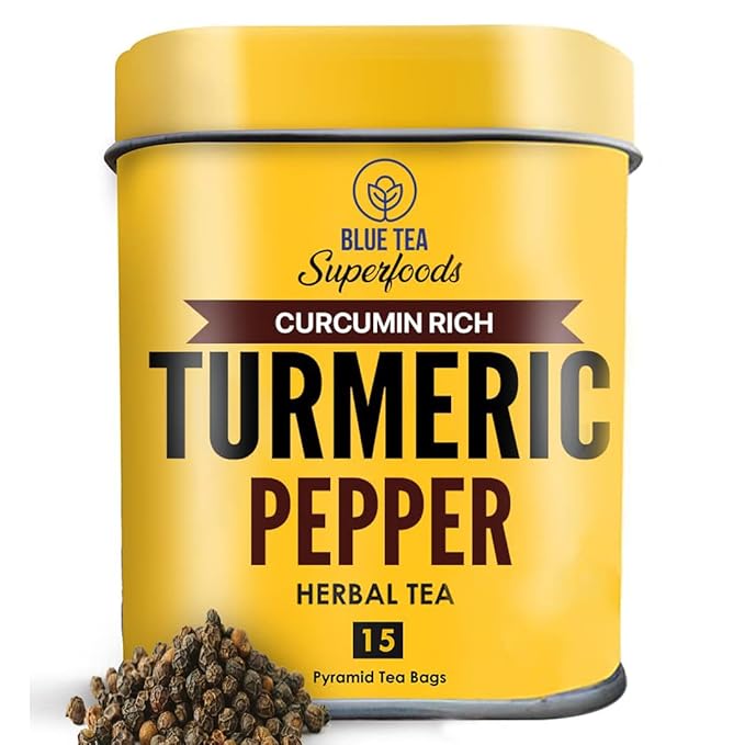 BLUE TEA - Turmeric Tea - Pepper - 15 Count - Pyramid Plant Based Tea Bag | CURCUMIN RICH - HERBAL BLEND | Caffeine Free - Gluten Free - Herbal Tea - Earthy Flavor - Healthy | Tin Pack