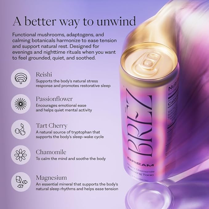 BRĒZ Dream Reishi Mushroom Drink, Non-Infused Relaxing Tonic with Reishi, Chamomile, Tart Cherry, Magnesium & L-Theanine, Vegan Adaptogen Drink for Sleep, Calm & Mood, 12 fl oz - 8 Pack