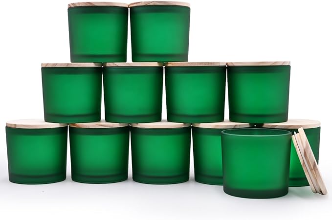 12 OZ Thick Candle Jars for Making Candles 12 Pcs, Empty Jars with Wood Lids for Spice Jars, Sample Container, Frosted Green