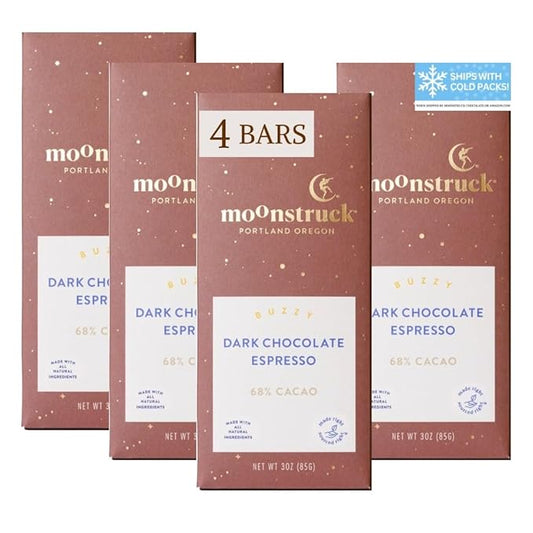 Moonstruck Chocolate Dark Chocolate Espresso Bean Bar, 68% Cacao, 3.0oz (Pack of 4)