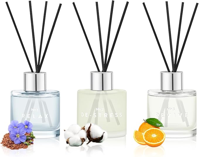 3 Pack Fragrance Reed Diffusers, 50ML Clean Linen Cotton Citrus Orange Aromatherapy Diffuser Set with 12 Black Fiber Sticks,Air Freshener for Bedroom Bathroom Office