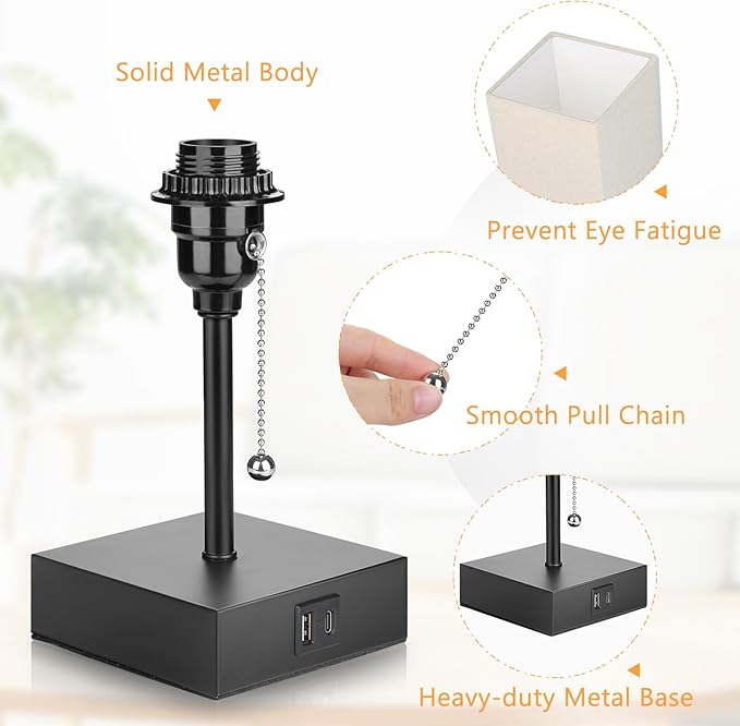 GGOYING Bedside Table Lamp, Pull Chain Table Lamp with USB C+A Charging Ports, 2700K LED Bulb, Fabric Linen Lampshade, Nightstand Lamp for Livingroom Bedroom Office Reading Working
