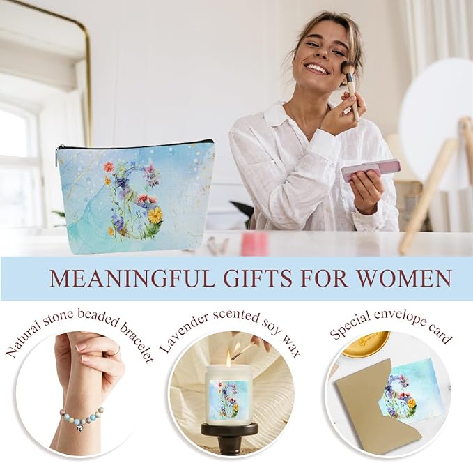 Personalized Gifts Monogrammed Birthday Gifts for Women, New Mom, Grandma Valentine's Day Thank You Christmas, Initial Wine Tumbler Makeup Bag Scented Candle Bracelet Set, (Aesthetic Blue Flower S)