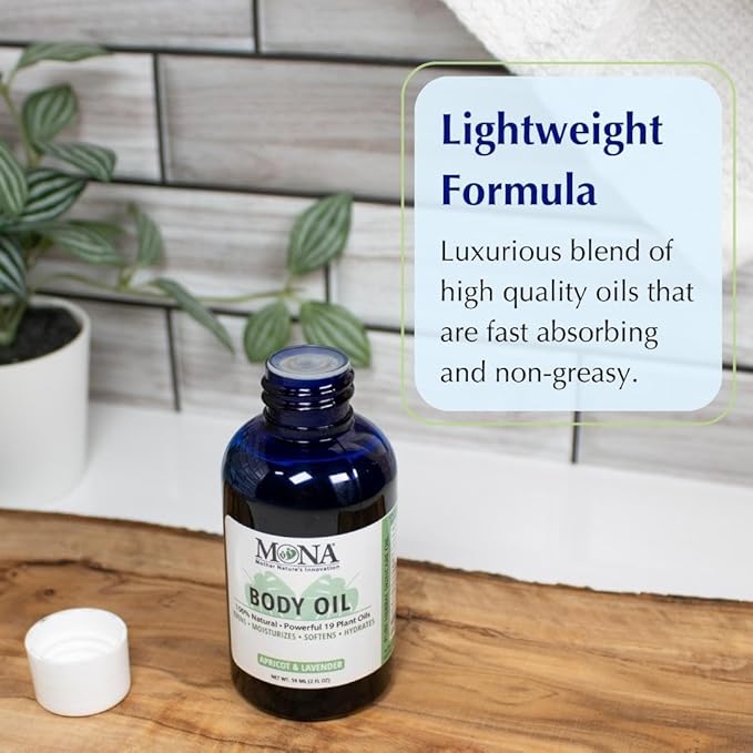 MONA Brands Natural Body Oil | Evens, Moisturizes, Soften, Hydrates | all skin types | with Antioxidants & Vitamins | Fast absorbing & lightweight | Anti-aging | Apricot & Lavender | 2.0 fl oz