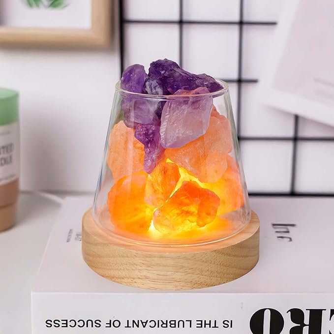 Runyangshi Healing Crystal Night Light Natural Himalayan Salt & Amethyst Raw Stones Aroma Diffuser USB Powered 3 Colour Adjustable Bedside Lamp for Bedroom Living Room Yoga Meditation Home Decor Gift