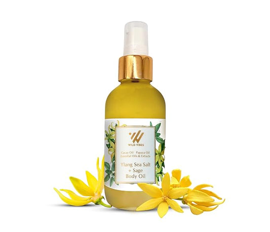 Wild Vibes Ylang Sea Salt + Sage Luxury Body Oil – Organic with Sea Minerals for Smooth, Hydrated Skin – Anti-Aging After Shower for Women – 4 oz