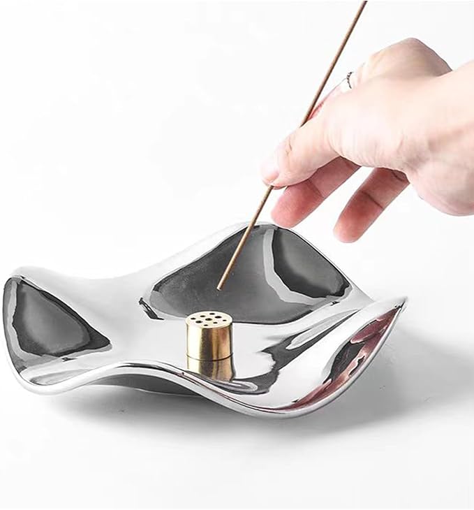 6.7 "Ceramic Incense Burner for Incense/Coil,Wavy Base with Brass -Incense Holder for Sticks,with Ash Catching Bowl for Meditation Yoga and Home Decoration (Silver)